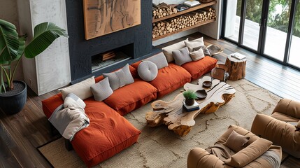Modern Living Room with Orange Sectional Sofa and Rustic Coffee Table