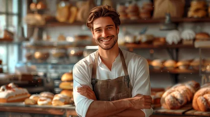 Tuinposter Illustration: thrilled baker proudly displaying his delectable pastries in charming bakery © Dzenka