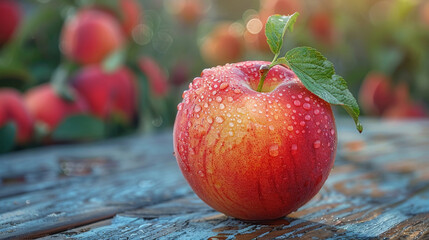 fresh red apple with water drops, Peach, organic food, healthy diet, 