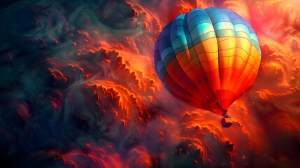 Vibrant Hot Air Balloon Soaring Through Dramatic Cloudy Sky with Fiery Hues and Moody Atmosphere