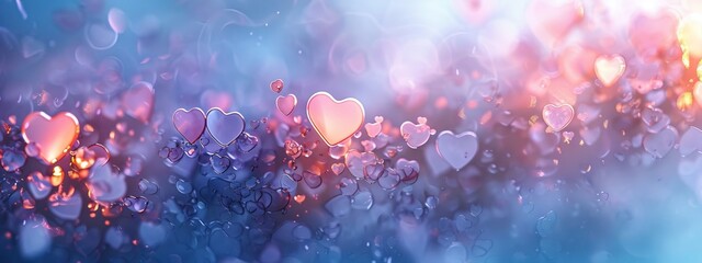 split background using pastel hues of lilac and powder blue, punctuated by delicate heart-shaped light elements. - obrazy, fototapety, plakaty