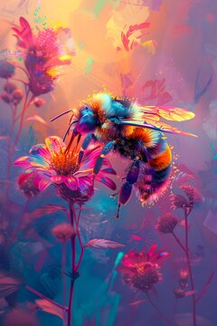 Vibrant Fauvism-Inspired Digital Watercolor Bee on Captivating Flower in Sunset-Hued Palette