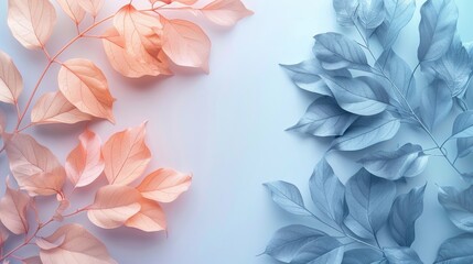 split background using pastel hues of peach and powder blue, punctuated by delicate leaf-shaped light elements. - obrazy, fototapety, plakaty