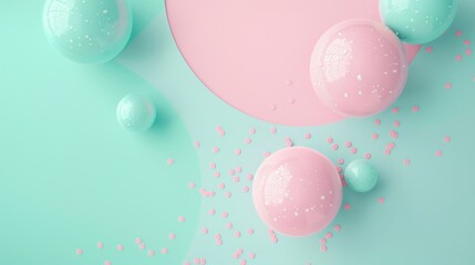 split background using pastel hues of rose pink and mint green, punctuated by scattered circular light shapes. - obrazy, fototapety, plakaty