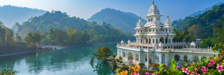 White majestic Hindu temple with jungle and mountains in the background, banner - obrazy, fototapety, plakaty