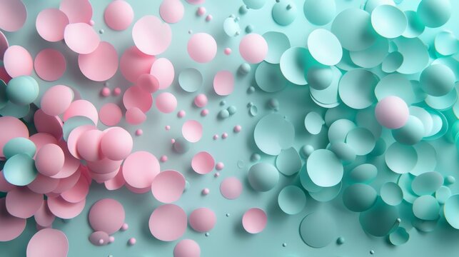 split background using pastel hues of rose pink and mint green, punctuated by scattered circular light shapes.
