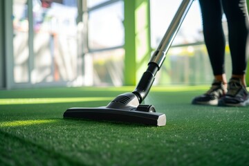 person vacuuming artificial turf indoors