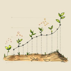 Growth Chart, Hand-drawn upward trend graph with plants growing from the data points, symbolizing organic business growth