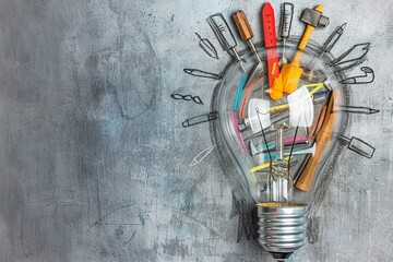 Innovation Lab, Sketch of a lightbulb with various scribbled tools inside, representing the workshop of ideas - obrazy, fototapety, plakaty