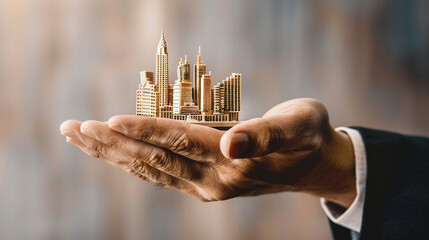 Businessman's Hand Holding Miniature City Skyline