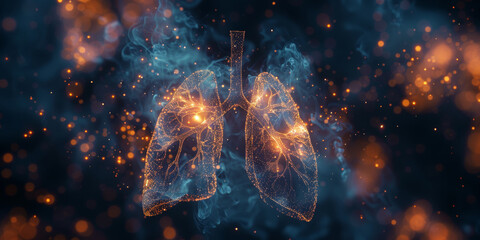 A closeup of human lungs glowing , Harmful cigarette smoke can damage the lungs and cause disease - obrazy, fototapety, plakaty