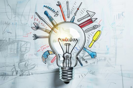Innovation Lab, Sketch of a lightbulb with various scribbled tools inside, representing the workshop of ideas