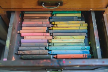 drawer ajar with pastel chalks arrayed in rows