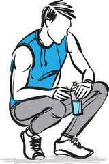 fitness man guy drinking bottle water with headphones vector illustration