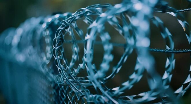 Barbed Wire Fence With Security Control Measures To Deter Intruders And Refugees