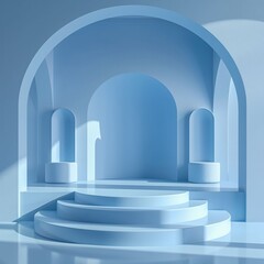 Fototapeta premium 3D abstract studio room with pedestal podium. White and pastel blue geometric platform with circle overlap backdrop. Modern minimal scene for demonstration of cosmetic products. Showcase, Display case
