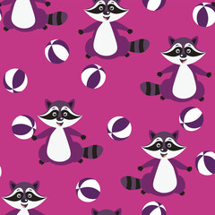 Vector seamless repeating childish pattern with cute raccoon in doodle style. Animals background for invitation, poster, card, flyer, textile, fabric