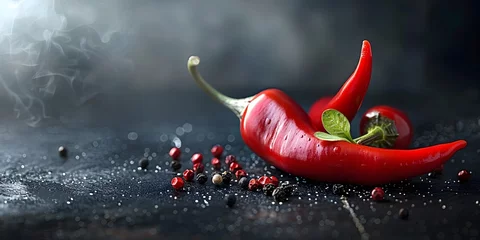 Fotobehang Passionate Chili Pepper Fiery and Fierce Among Fruits with Copy Space © Thares2020