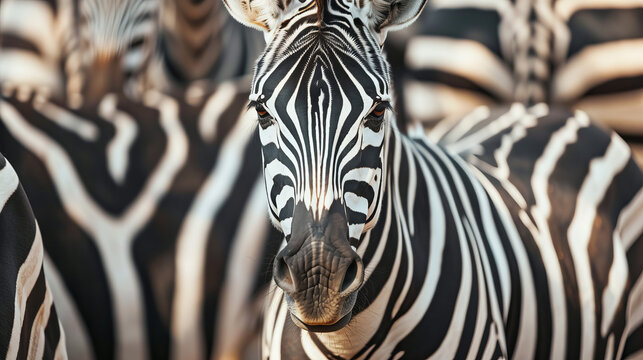 A close-up image capturing a zebra amidst its herd, emphasizing the intricate black and white stripes characteristic of these animals.