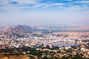 Holy city Pushkar aerial view from Savitri temple. Rajasthan, India - 768809104