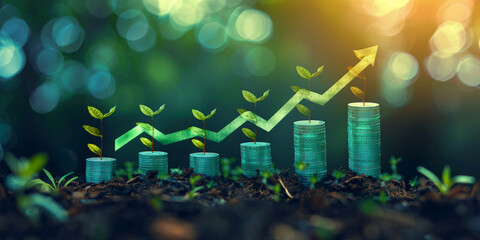 coins were stacked in rows with green plants growing upward on top of them and an arrow pointing upwards symbolizing growth and financial success - obrazy, fototapety, plakaty