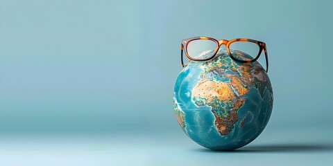 A Contemplative Globe Wearing Glasses Evaluates Global Expansion and World Wise Strategic Planning for a Collaborative Sustainable Future - obrazy, fototapety, plakaty