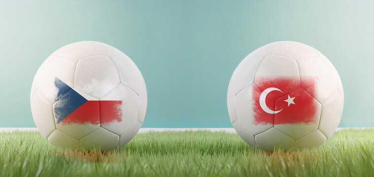 Czechia vs Türkiye football match infographic template for Euro 2024 matchday scoreline announcement. Two soccer balls with country flags placed against each other on the green grass with copy space