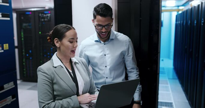 Engineering team, computer and server room for cloud computing, programming or hardware solution. Technician, people or man and woman in data center for information technology advice or laptop coding