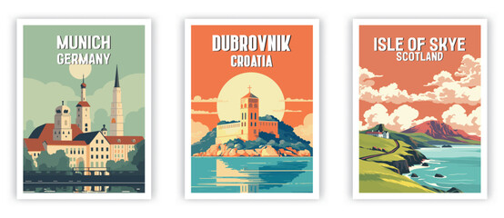 Munich, Dubrovnik, Isle of Skye Illustration Art. Travel Poster Wall Art. Minimalist Vector art