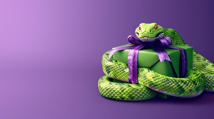 A stylized green snake with a purple bow is wrapped around a gift box