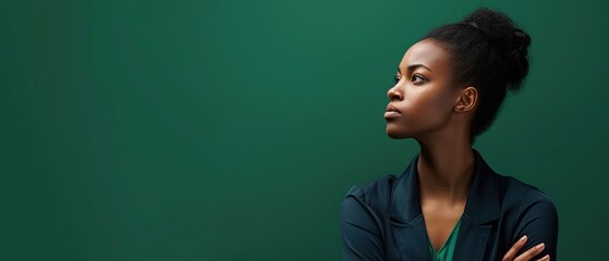 A woman with a determined jawline and raised chin, standing firm against a verdant green background, conveys righteous anger, fighting for what's right, or refusing to back down. Copy space.