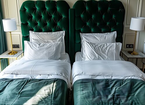 A grid of two beds in the hotel room with green velvet headboards and white bed linen, balcony view stock photo contest winner, 2058, luxury modern interior design