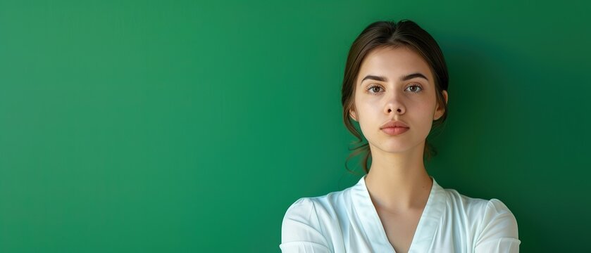 A woman with a determined jawline and raised chin, standing firm against a verdant green background, conveys righteous anger, fighting for what's right, or refusing to back down. Copy space.