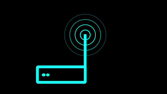 blue color radio wave with blue router isolated on black background. Simple wireless line icon. Radio station signal. Radial fade wave for sound, swirl, radio and sonar