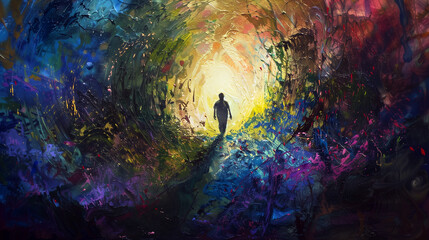 Transformation, despair to hope mental health recovery concept. A figure stepping out from dark into vibrant light. Symbolizes journey from mental struggle to the brightness of hope and renewal. - obrazy, fototapety, plakaty