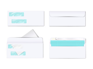 Blank white two clear window envelope. Front and back, closed and open. Vector mock-up. Business correspondence. Realistic mock-up - 768809943