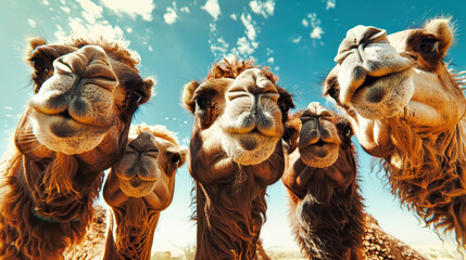 Several camels are standing next to each other in this scene