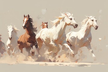 A herd of horses gallop across a field