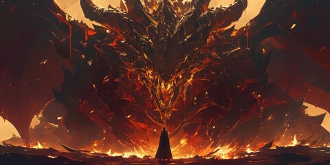 A huge black dragon with fiery eyes stands in front of the gates to hell