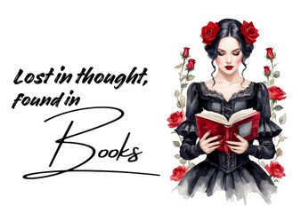 A Gothic girl reading, book, wearing gothic style black dress, with roses in hair,  around, Lost in thought found in Books, quote, girl boss vibes, watercolor illustration, book lover, for scrapbook