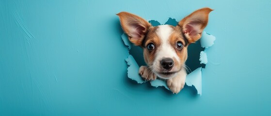 Surprise Pup: A playful puppy with floppy ears pops its head out of a vibrant blue hole in a wall, eyes wide with curiosity and mischief. Ample copy space.