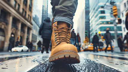 Close-up of a man walking on a city sidewalk, wearing brown boots - obrazy, fototapety, plakaty