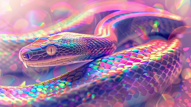 A vibrant, digitally-enhanced image depicting a colorful snake with iridescent scales