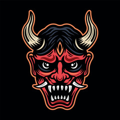 Oni mask with horns vector illustration in colored style on dark background