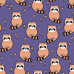 Vector seamless repeating childish pattern with cute raccoon in doodle style. Animals background for invitation, poster, card, flyer, textile, fabric