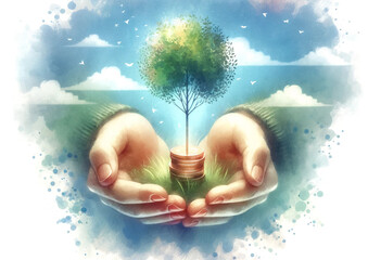 Hands Nurturing Tree Growth on Coins,Business Growth Concept - 768811305