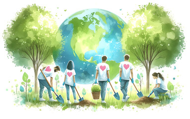 Volunteers Planting Trees for Earth Conservation,Watercolor Art - 768811321