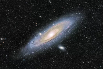 Zelfklevend Fotobehang galaxy with a big barred disk and white stars in the background © Wirestock