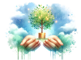 Hands Nurturing Tree Growth on Coins,Business Growth Concept - 768811334