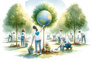 Volunteers Planting Trees for Earth Conservation,Watercolor Art - 768811354
